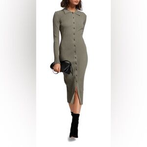 & Other Stories Long Sleeve Rib Sweater Shirt Dress in Olive Green Size Medium